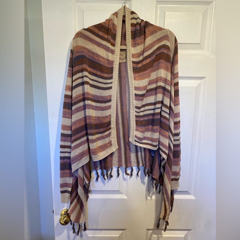 EDC by Esprit Striped Knit Cardigan L – Boho Open Front Sweater with Tassel Hem